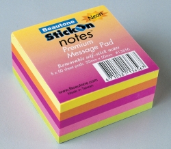 Stick On Notes Beautone Mini Cube Neon Assorted 48x48mm Pkt5 (FS)