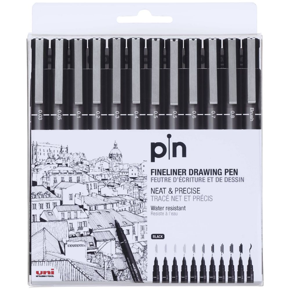 Pen Fineliner Uniball Uni Pin Assorted Tip Wallet 12 (FS)